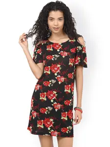 Besiva Women Black Floral Print Shift Dress