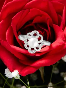 AMI Silver-Plated White CZ-Studded & Pearls Beaded Adjustable Finger Ring