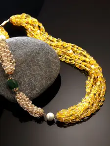 DUGRISTYLE Gold-Plated & Yellow Copper Pearls & Faux Emerald Layered Necklace