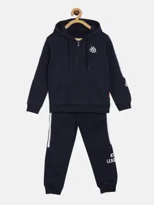 3PIN Boys Navy Blue Solid Cotton Tracksuit