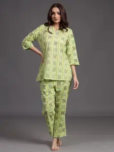 JISORA Women Green Printed Pure Cotton Night suit