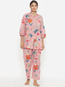 JISORA Women Pink & Blue Printed Pure Cotton Night suit