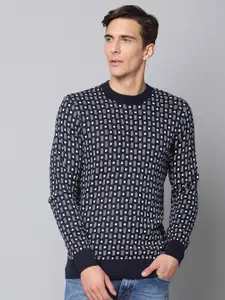 BEN SHERMAN Men Navy Blue & White Pure Cotton Printed Pullover