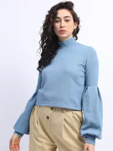 Tokyo Talkies Blue Bishop Sleeves Crop Top