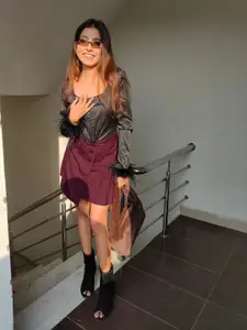 Tokyo Talkies Women Burgundy Solid Mini A-Line Skirt