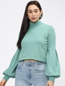 Tokyo Talkies Teal Bishop Sleeves Crop Top