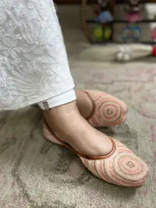 DESI COLOUR Women Peach-Coloured Embellished Leather Ethnic Mojaris Flats