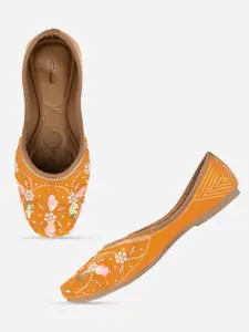 DESI COLOUR Women Orange Embellished Leather Ethnic Mojaris Flats