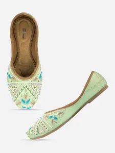 DESI COLOUR Women Sea Green Embellished Ethnic Mojaris Flats