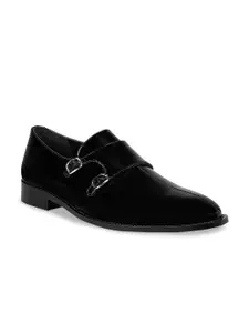 ROSSO BRUNELLO Men Black Solid Leather Formal Monk Shoes