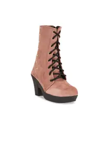 Walkfree Women Peach-Coloured Suede High-Top Flat Boots