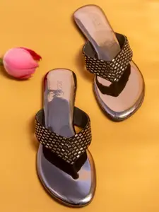 Inc 5 Women Grey Embellished Leather Party Open Toe Flats