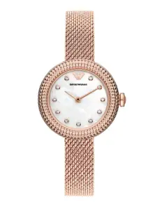 Emporio Armani Women White Embellished Dial & Rose Gold-Plated Stainless Steel Bracelet Style Straps Watch