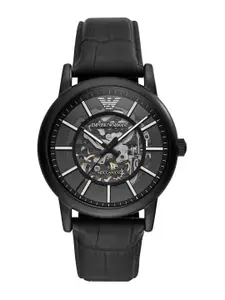 Emporio Armani Men Black Skeleton Dial & Black Leather Straps Analogue Automatic Motion Powered Watch