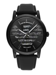 Emporio Armani Men Black Printed Dial & Black Leather Straps Analogue Automatic Motion Powered Watch