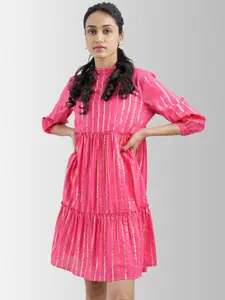 Pink Fort Pink Striped Tiered A-Line Dress