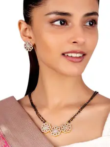 Voylla Women Black Gold-Plated American Diamond CZ Beaded Mangalsutra With Earrings