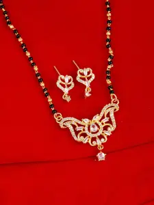 Voylla White & Black Gold-Plated AD CZ Traditional Beaded Mangalsutra With Earrings