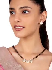 Voylla Gold-Plated & Black American Diamond CZ Brass Beaded Mangalsutra & Earrings