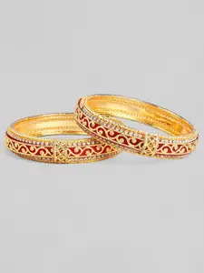 Anouk Set Of 2 Gold-Plated Red & White AD-Studded Bangles