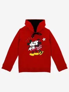 YK Disney Girls Red Printed Hooded Sweatshirt