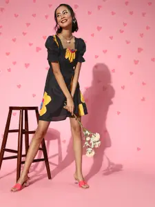 Athena Women Stylish Black Floral Puff Sleeves Dress