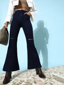 DOLCE CRUDO Women Deep Navy Blue High-Rise Bootcut Fit Stretchable Jeans