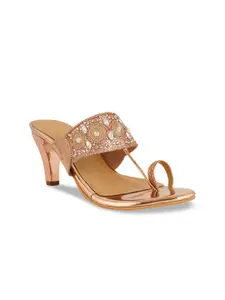 pelle albero Peach-Coloured Embellished Party Kitten Sandals