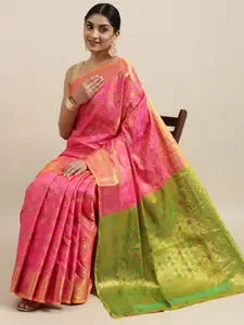 Mitera Pink & Golden Woven Design Zari Patola Silk Saree