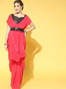 Saree mall Magenta & Black Solid Party Saree with Matching Blouse