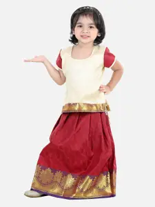 BownBee Girls Cream-Coloured & Red Cotton Ready to Wear Pavda Pattu Lehenga