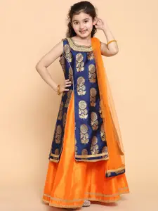 ADIVA Girls Blue & Orange Ready to Wear Lehenga & Blouse With Dupatta