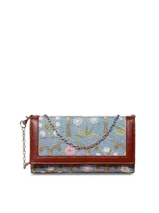 ZOUK Women Blue & Brown Floral Printed Two Fold Wallet with Sling