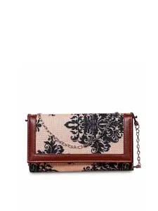ZOUK Women Peach-Coloured & Black Mughal Motifs Printed Two Fold Wallet With Sling