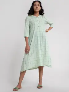 Pink Fort Green Checked A-Line Dress