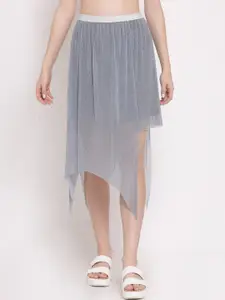 LELA Women Grey Embellished Asymetric Flared Midi Skirt