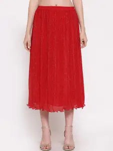 LELA Women Red Solid Midi A-Line Skirt