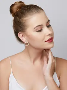 AMI Silver-Toned Cubic Zirconia Studded Contemporary Drop Earrings