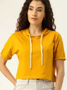 Campus Sutra Mustard Yellow Pure Cotton Hooded Crop Top