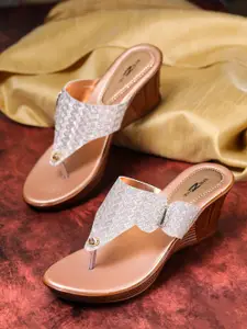 Shezone Rose Gold & Silver-Toned Textured Wedge Heels