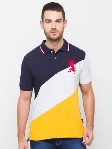 GIORDANO Men Blue & Yellow Colourblocked Polo Collar Slim Fit Cotton T-shirt