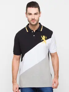 GIORDANO Men Black & White Colourblocked Polo Collar Slim Fit Cotton T-shirt