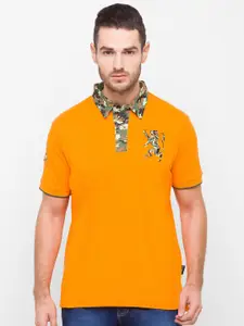 GIORDANO Men Orange Printed Polo Collar Slim Fit Cotton T-shirt