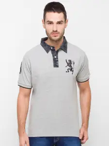 GIORDANO Men Grey Printed Polo Collar Slim Fit Cotton T-shirt