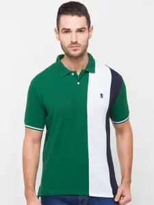 GIORDANO Men Green & White Colourblocked Polo Collar Slim Fit Cotton T-shirt