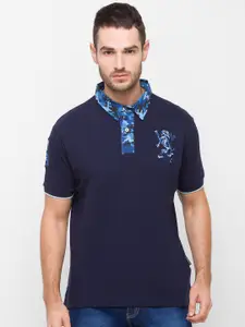 GIORDANO Men Navy Blue Printed Polo Collar Slim Fit Cotton T-shirt