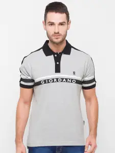 GIORDANO Men Grey Brand Logo Printed Polo Collar Slim Fit Cotton T-shirt