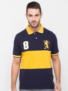 GIORDANO Men Navy Blue & Yellow Colourblocked Polo Collar Applique Slim Fit Cotton T-shirt