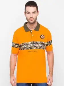GIORDANO Men Orange Brand Logo Printed Polo Collar Slim Fit Cotton T-shirt