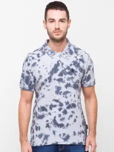 GIORDANO Men Grey & Navy Blue Tie and Dye Dyed Polo Collar Slim Fit Cotton T-shirt